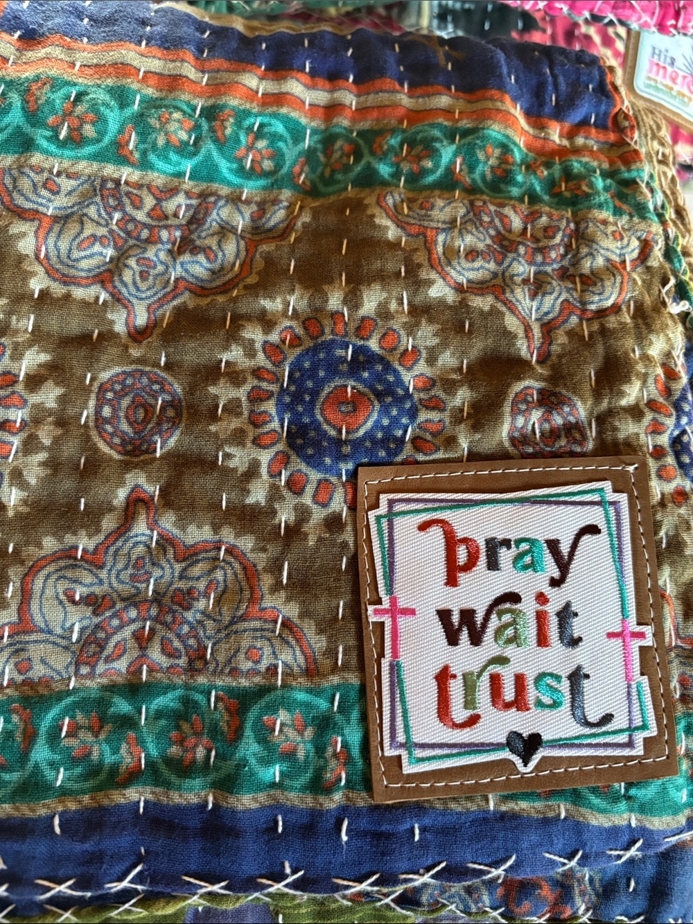 Pray Wait Trust Embroidered Patch Boho Scarf/Shawl in Teal, Navy & Brown Kantha